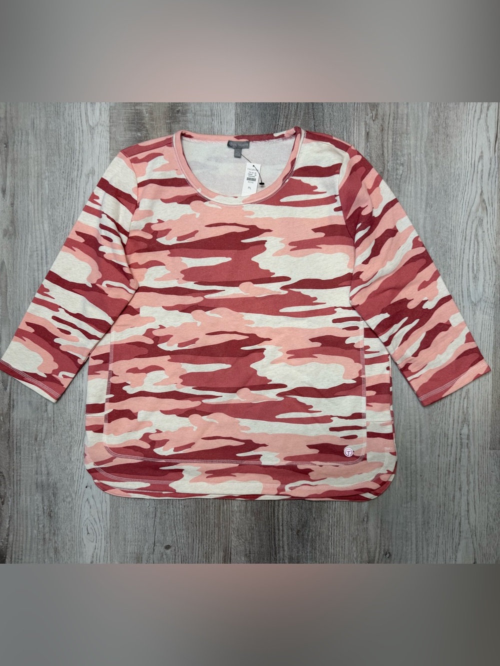 T By Talbots Camo Classic French Terry Pullover Sweater Pink Size Large Petite